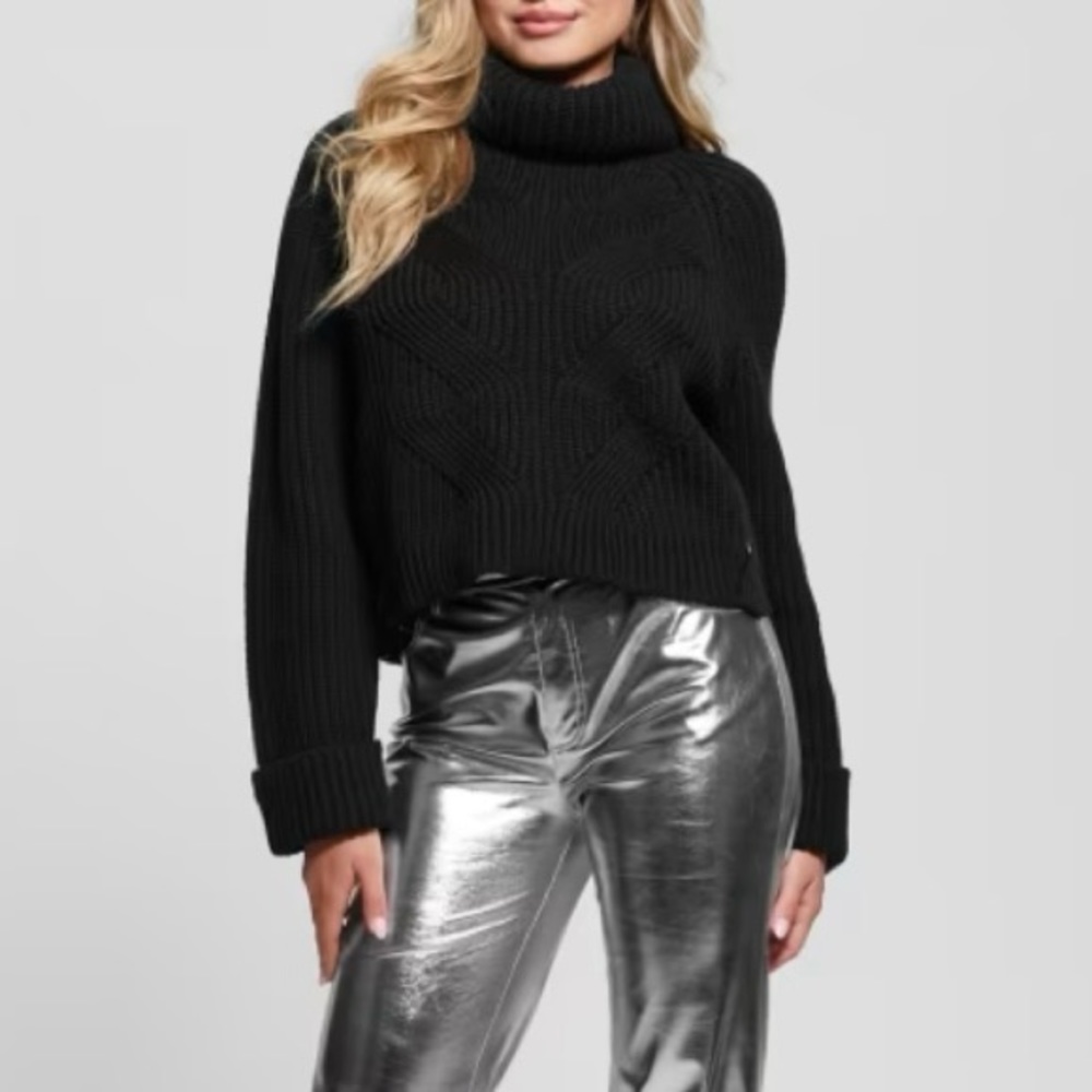 Guess by Marciano Black Cable Knit Turtleneck Sweater